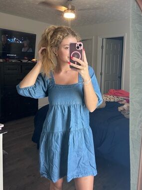 Denim Square-Neck Puff Sleeve Mini Dress - Dark Blue